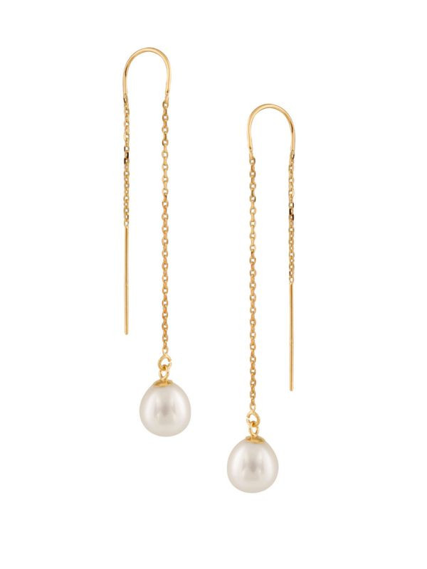 14K Yellow Gold & 7.5-8MM White Drop Cultured Pearl Threader Chain Earrings | Saks Fifth Avenue OFF 5TH
