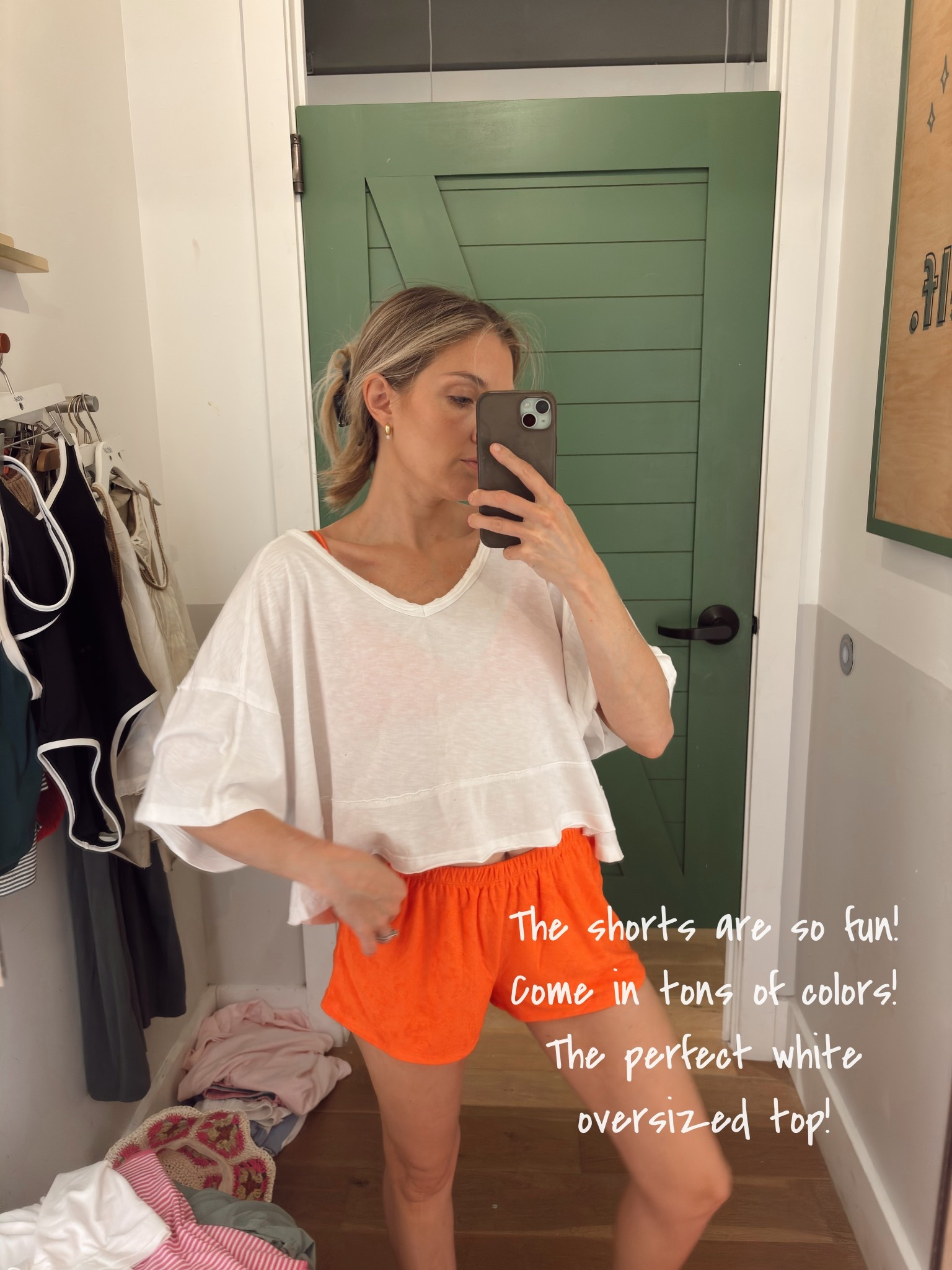 White shirt with orange shorts 

#LTKootd #LTKxAerie