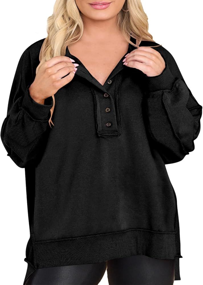 Eytino Women's Plus Size Sweatshirts Button Henley Neck Casual Long Sleeve Oversized Tunic Pullov... | Amazon (US)