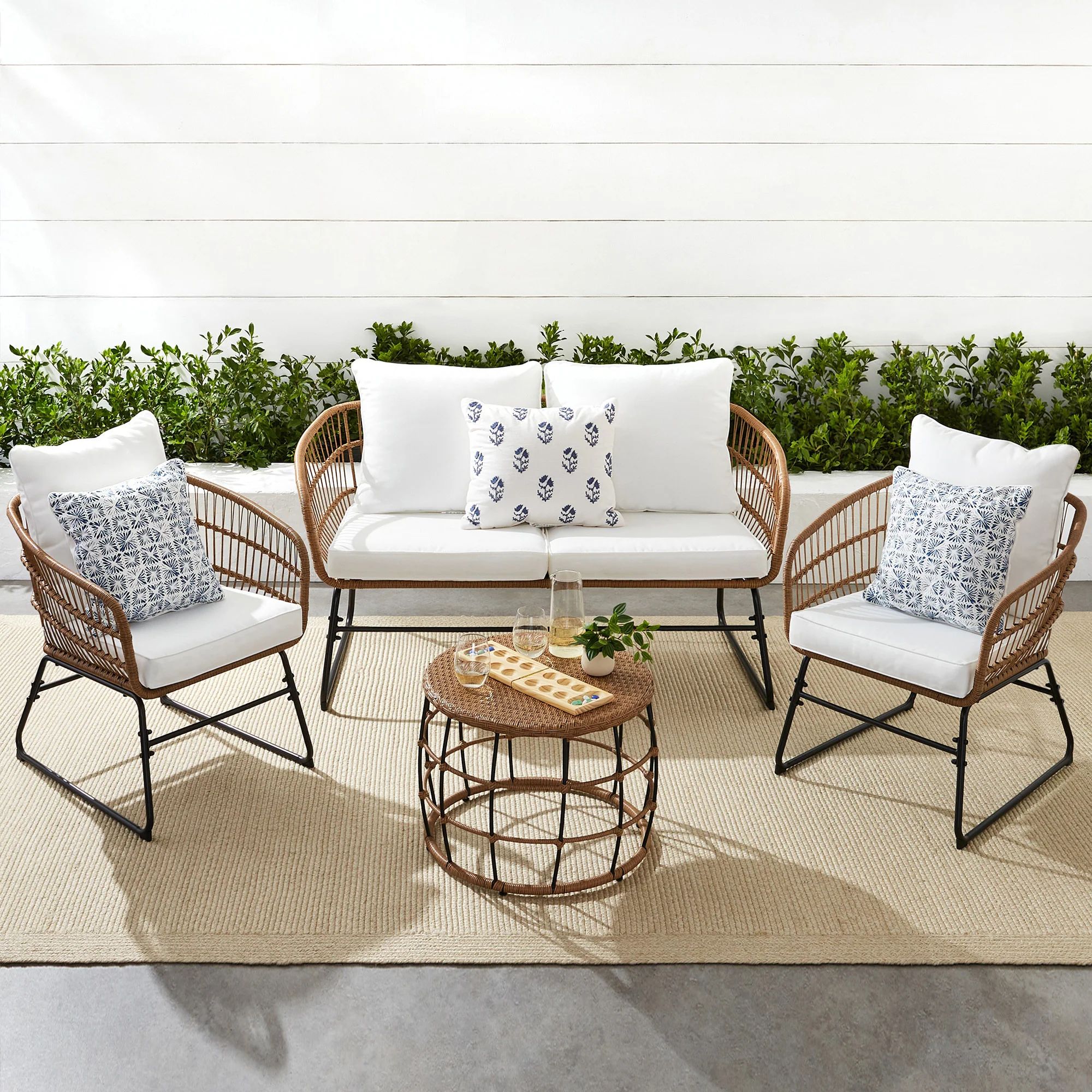 4-Piece Rope Wicker Outdoor Conversation Set w/ Cushions, Table | Best Choice Products 