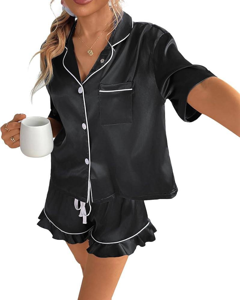 CHYRII Women's Silk Satin Pajamas Two Piece Pj Sets Short Sleeve Tops Ruffled Shorts Sleepwear wi... | Amazon (US)