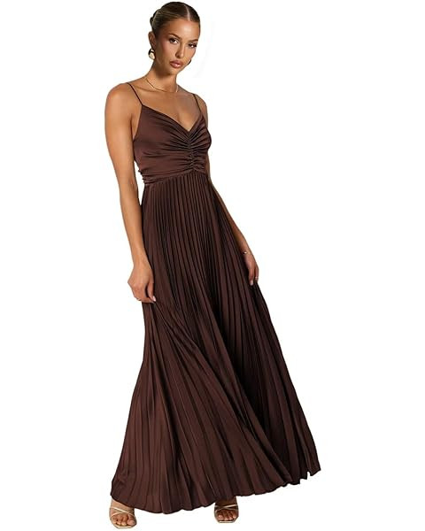 ROSEGOD Pleated Satin Long Bridesmaid Dresses for Women Spaghetti Strap V Neck Wedding Guest Dres... | Amazon (US)
