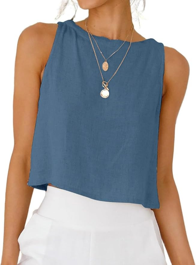 IDEALSANXUN Womens Linen Crop Tank Tops 2026 Spring Summer Beach Sleeveless Tops | Amazon (US)
