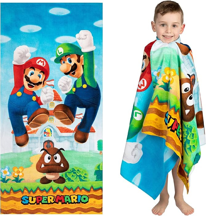 Franco Super Mario "Official Nintendo" Kids Super Soft Cotton Bath/Pool/Beach Towel, 58 in x 28 i... | Amazon (US)