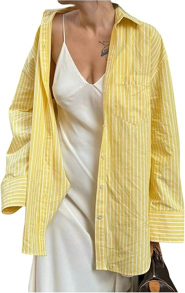 SOLY HUX Women's Striped Shirt Button Down Collared Long Sleeve Oversized Blouse Casual Tops with... | Amazon (US)