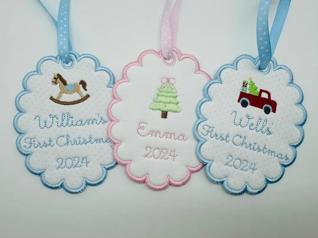 Custom Embroidered Christmas Ornament, 2024 Ornament, Scallop Ornament, Baby's First Christmas Or... | Etsy (US)