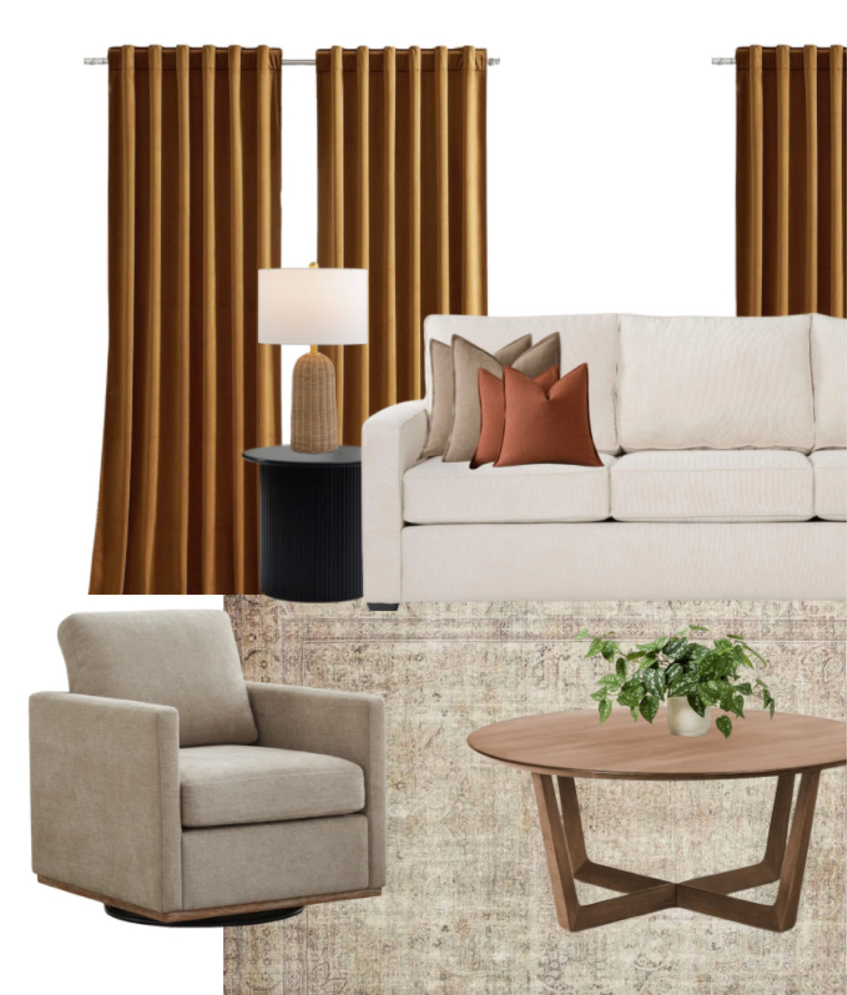 Living room design including a swivel chair, sofa, area rug, velvet curtains, coffee table m, throw pillows, table lamp and side table! #sofa #living #interior #homedecor 

#LTKHome #LTKFindsUnder100 #LTKFindsUnder50