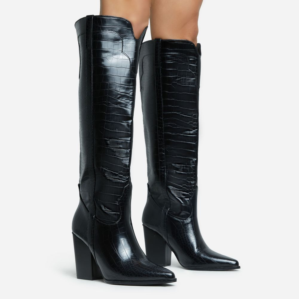 Gaia Pointed Toe Block Heel Knee High Long Western Cowboy Boot In Black Croc Print Faux Leather | EGO (UK)