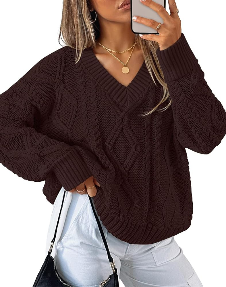 ZESICA Women's Fall Oversized Sweaters 2026 Casual Long Sleeve V Neck Cable Knit Trendy Pullover ... | Amazon (US)