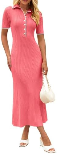 MEROKEETY Women's 2026 Spring Ribbed Maxi Dress Summer V Neck Button Short Sleeve Slim Fit Bodyco... | Amazon (US)