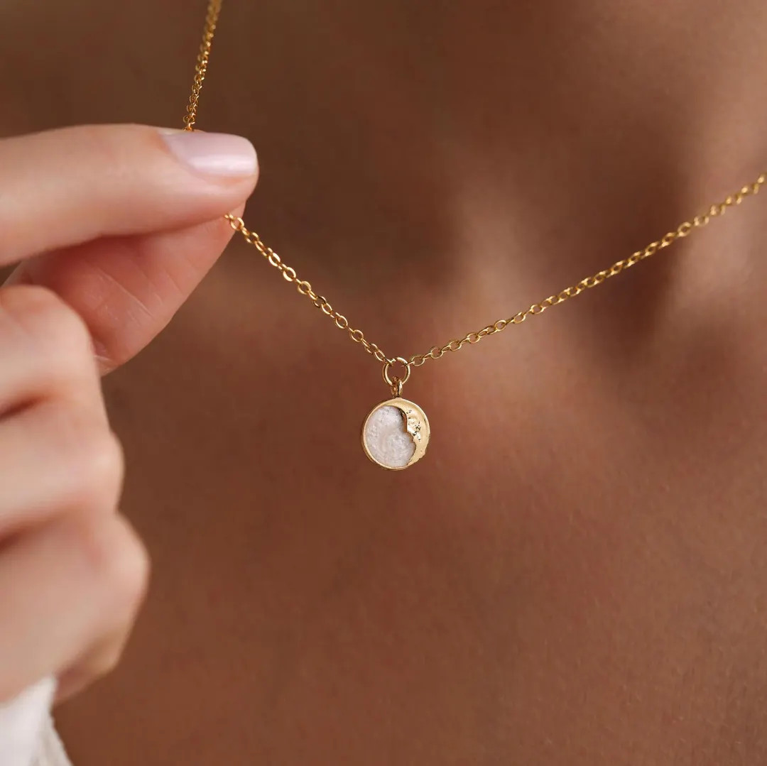 Gold Plated Enamel Mini Moon Face Coin Necklace, Minimalist Moon Necklace, Crescent Necklace, Ena... | Etsy (US)