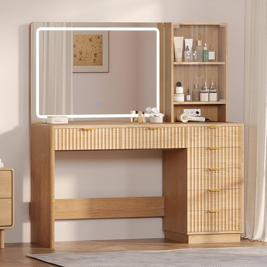 BTHFST Fluted Vanity Desk with Large 32.7" Mirror and Lights, 47.4" Makeup Vanity with 7 Drawers ... | Amazon (US)