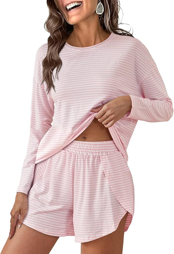 ANRABESS Womens Long Sleeve Pajama Sets 2025 Fall 2 Piece Outfits Lounge Matching Short Set Strip... | Amazon (US)