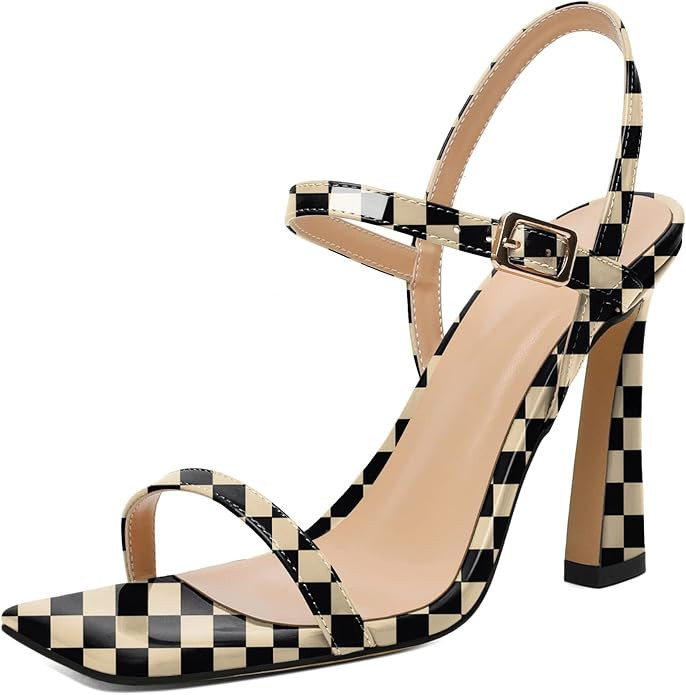 AUMOTED Womens Sandals Stiletto High Heel Open Square Toe Heeled Sandals Strappy Ankle Strap Pate... | Amazon (US)