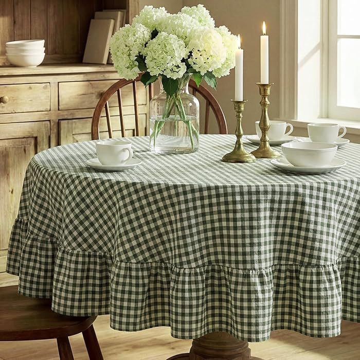Mindsoft Green Gingham Ruffled Tablecloth 70 x 70 Inches Round Cotton Linen Checkered Table Cloth... | Amazon (US)
