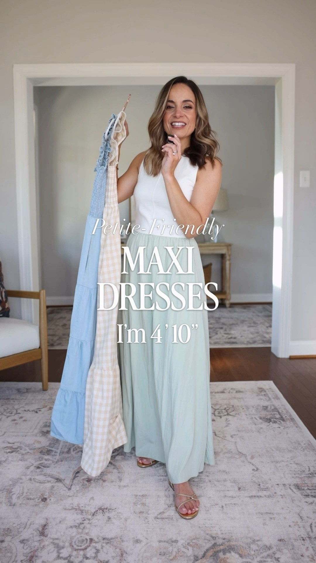 Three petite-friendly maxi dresses! 

Two tone dress: small - top is double lined, skirt is fully lined. Fits me well in small but xs would be a better fit so I would say true to size. I can wear this dress with flats (to the floor). 
Gingham dress: xs - floor length with flats. A little sheer, I add a slip 
Tencel dress: xs - true to size 

My measurements for reference: I’m 4’10” and 105lbs. My bust, waist, and hip measurement is 32”, 24”, and 36”.
