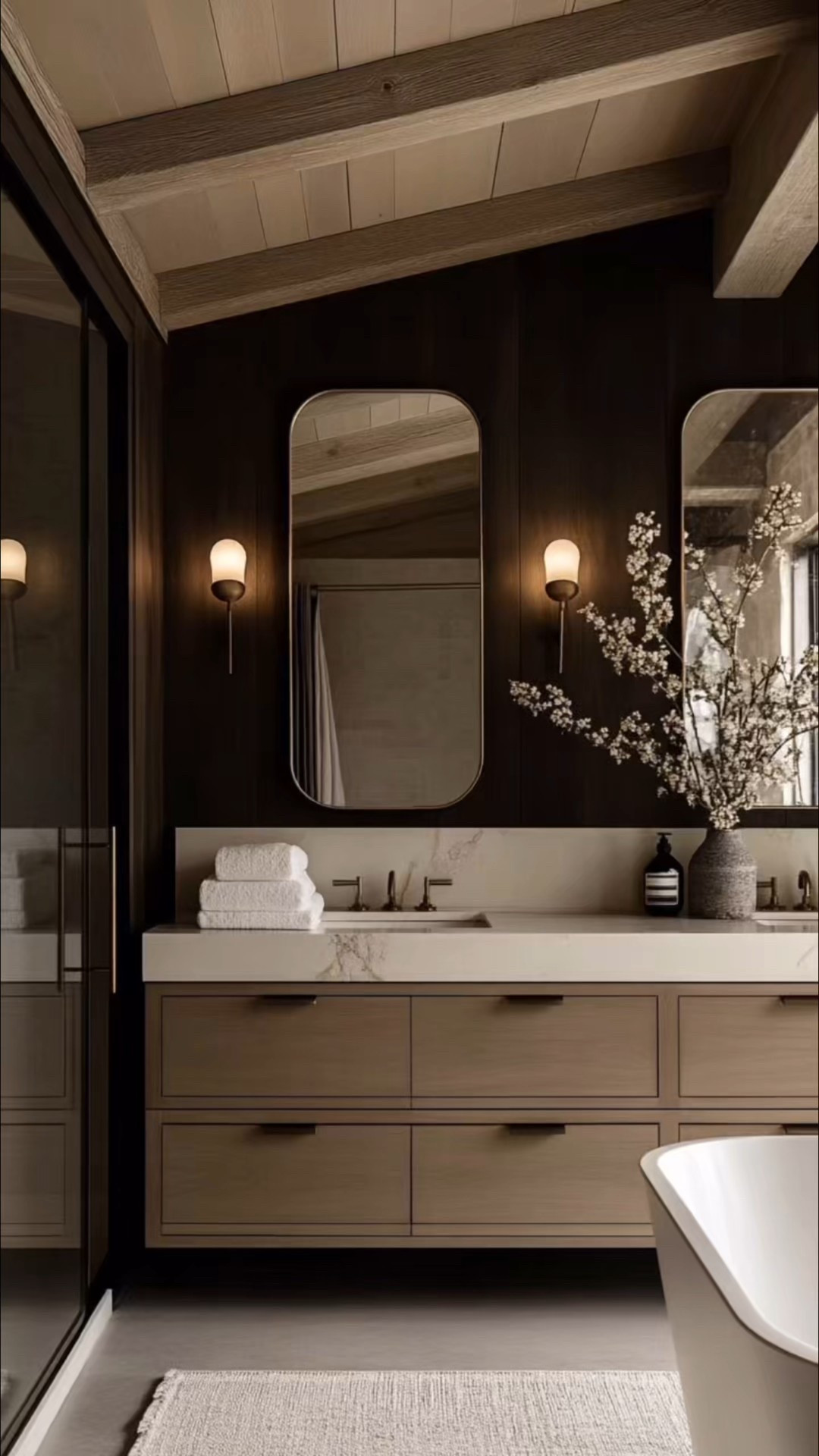 Bathrooms are the perfect space to add a little flair- Roman clay, dark colors, custom vanities, stone accents & wood beams are some of our favorites to incorporate. 🫶🏼

#LTKHome