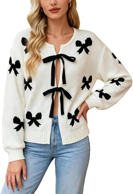 Womens Cute Bow Tie Front Cardigan Sweaters Fall Long Sleeve Crew Neck Knit Sweater Jacket Top | Amazon (US)