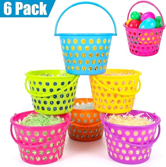 Sizonjoy 6 Pcs Easter Baskets for Kids, 8.6" Plastic Easter Bags with Handles, Easter Bucket Bags... | Amazon (US)