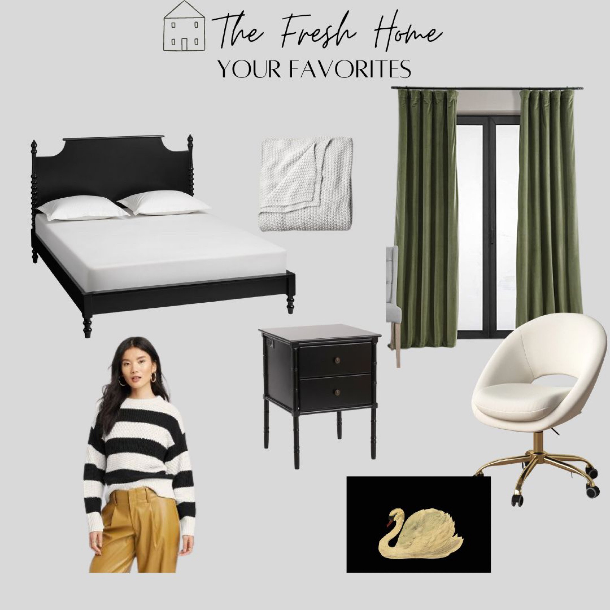 Home decor. Bedroom decor. Office decor. Black nightstand. Small nightstand. Desk chair. Fall sweater. Sweater. Striped sweater. Velvet curtains. Curtains. Bed blanket. Digital art print. Black bed. Black wooden bed.￼

#LTKstyletip #LTKhome