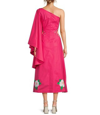 Amarya One-Shoulder Bell Sleeve Side Cut Out Floral Embroidered Midi Dress | Dillard's