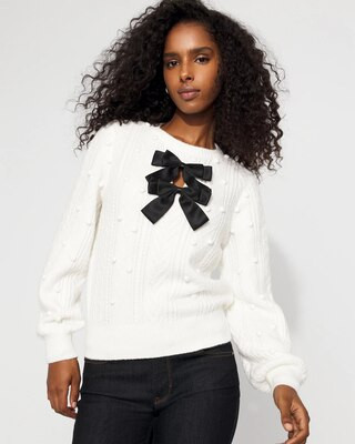 Women's Satin Bow Cable Knit Sweater in White size XS | White House Black Market | White House Black Market
