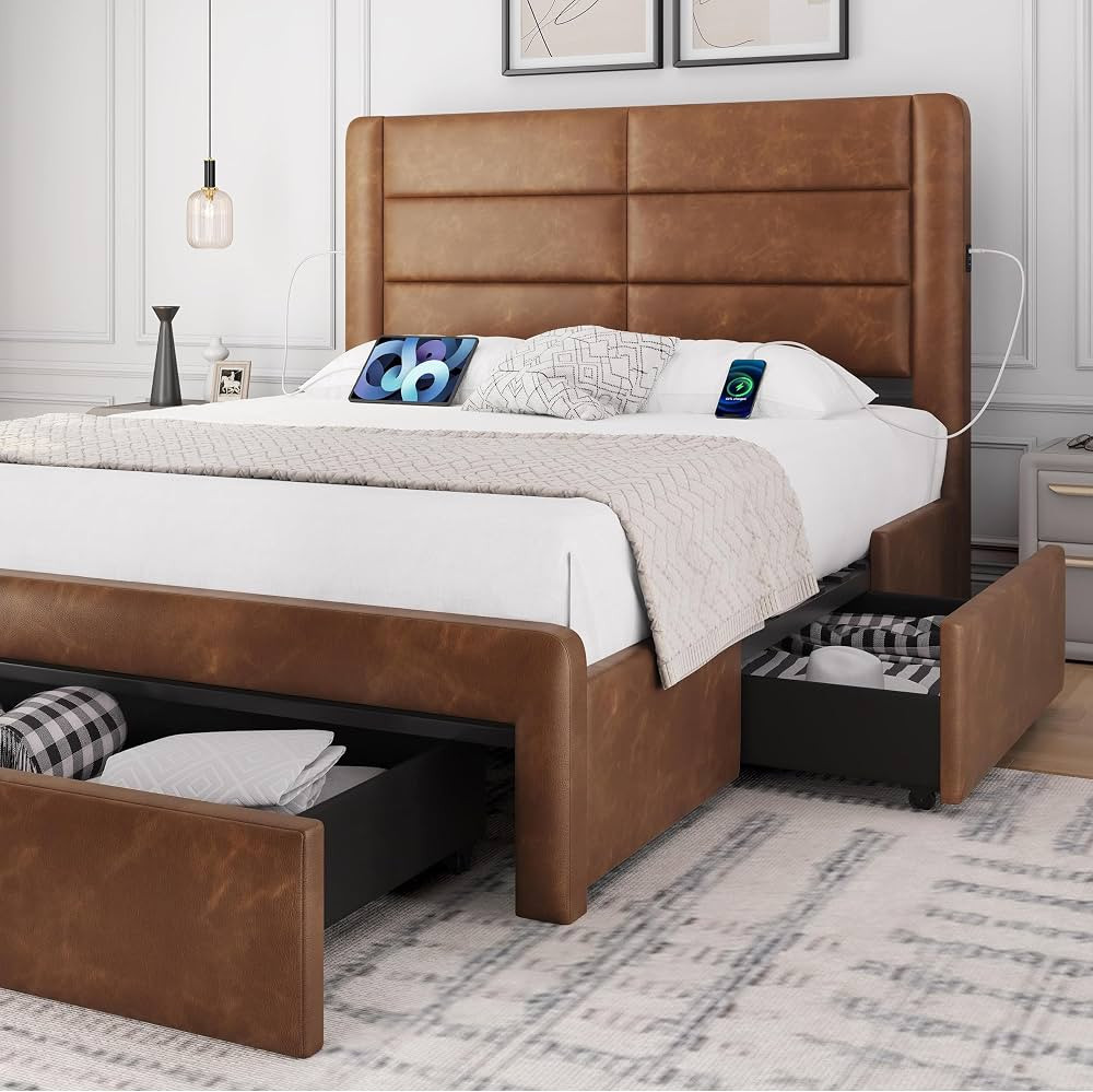 Yaheetech Queen Bed Frame with 2 USB Charging Stations/Port for Type A&Type C/3 Storage Drawers,L... | Amazon (US)
