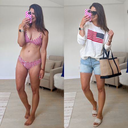 The 4th of July finds at target are 🔥 right now! This red and white striped bikini has underwire and comes in standard bra sizing-I’m wearing a 36B and large bottoms. The swim pieces are currently 30% off! I sized up to an xl on the white American flag shirt, and am wearing size 10 target Jean shorts.

#LTKFindsUnder50 #LTKSaleAlert #LTKSeasonal
