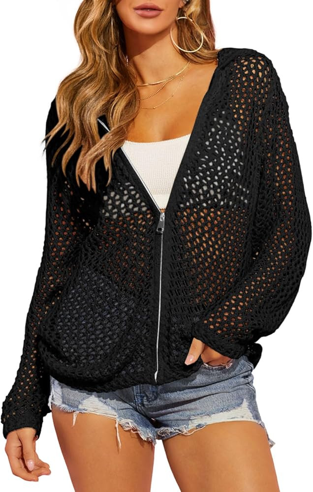 Saodimallsu Womens Crochet Lightweight Cardigans Zip Up Hooded Long Sleeve Knit Sweaters Mesh Bea... | Amazon (US)