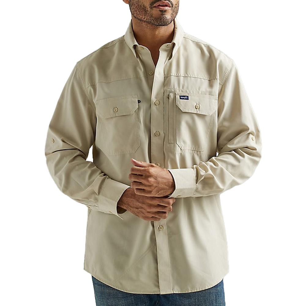 Wrangler Men's Solid Performance Long Sleeve Button Down Shirt Tan X-Large | Walmart (US)