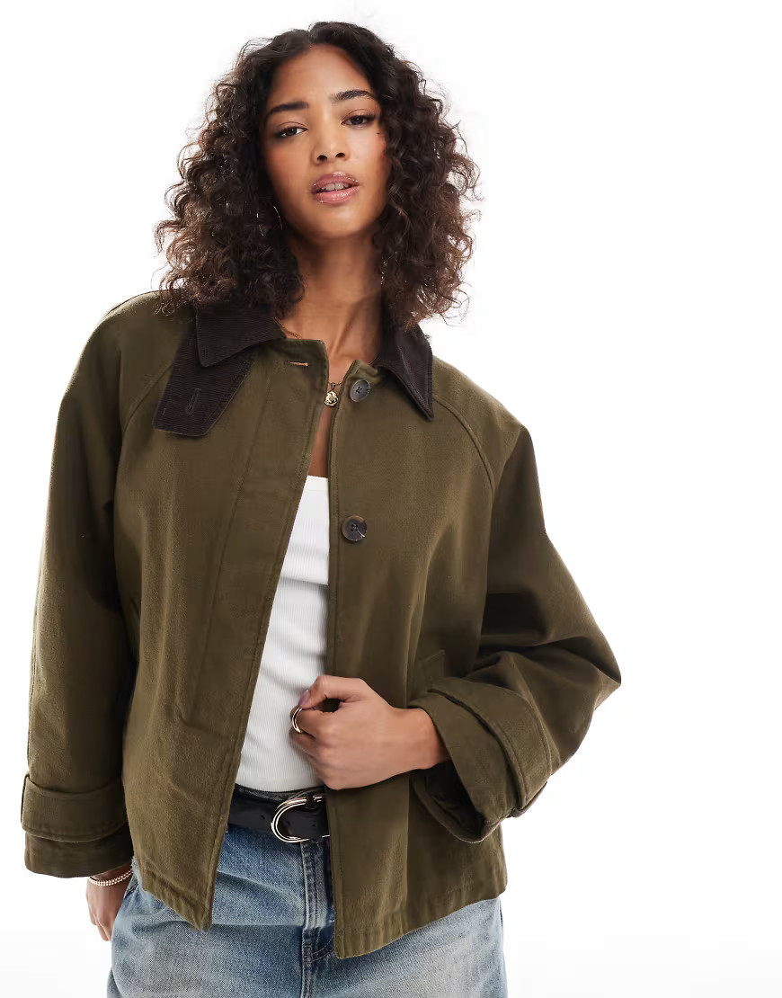 ASOS DESIGN barn jacket with contrast collar in khaki green | ASOS (Global)