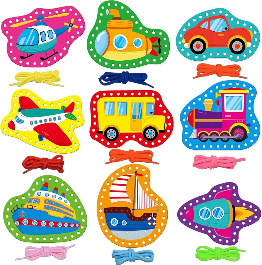 SpriteGru 9 Pieces Kids Lacing Cards, Double Sided Vehicle Sewing Cards with 9 Colorful Laces, Im... | Amazon (US)