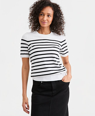 Women's Stripe Crewneck Short-Sleeve Sweater, Macy's Exclusive | Macy's