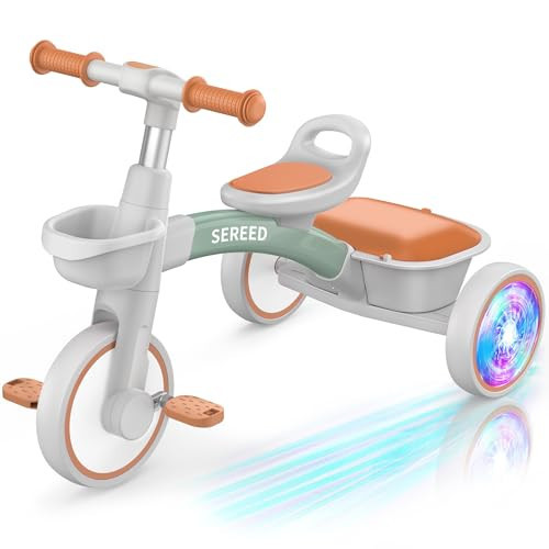 SEREED Colorful Lighting Toddler Tricycle for 2-5 Years Old Boys Girls, Adjustable Seat&Handlebar Trike, Removable Basket, Birthday Gift Idea for Kids Ages 2+ (Green) | Amazon (US)