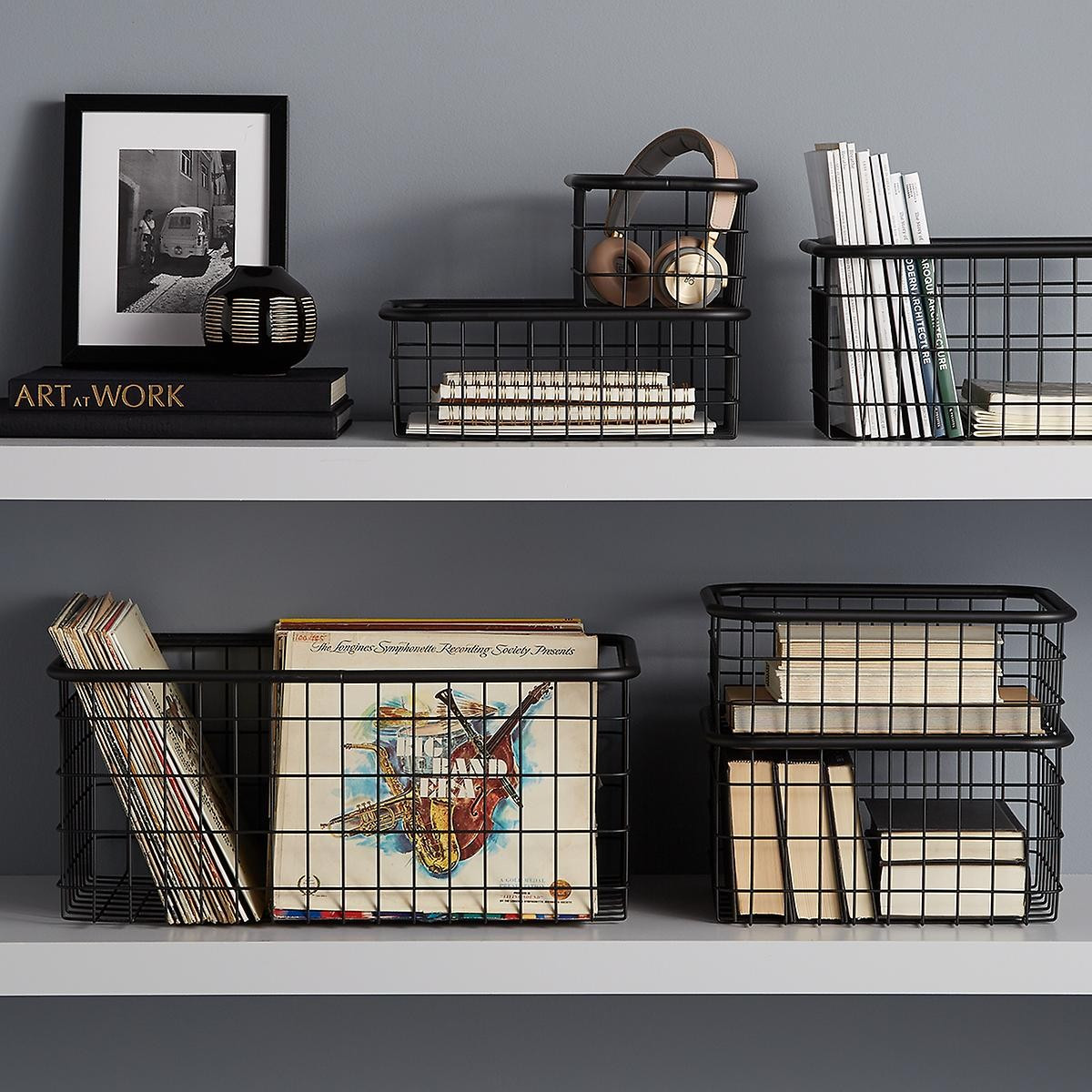 Deep Medium Urban Stackable Wire Basket Black | The Container Store