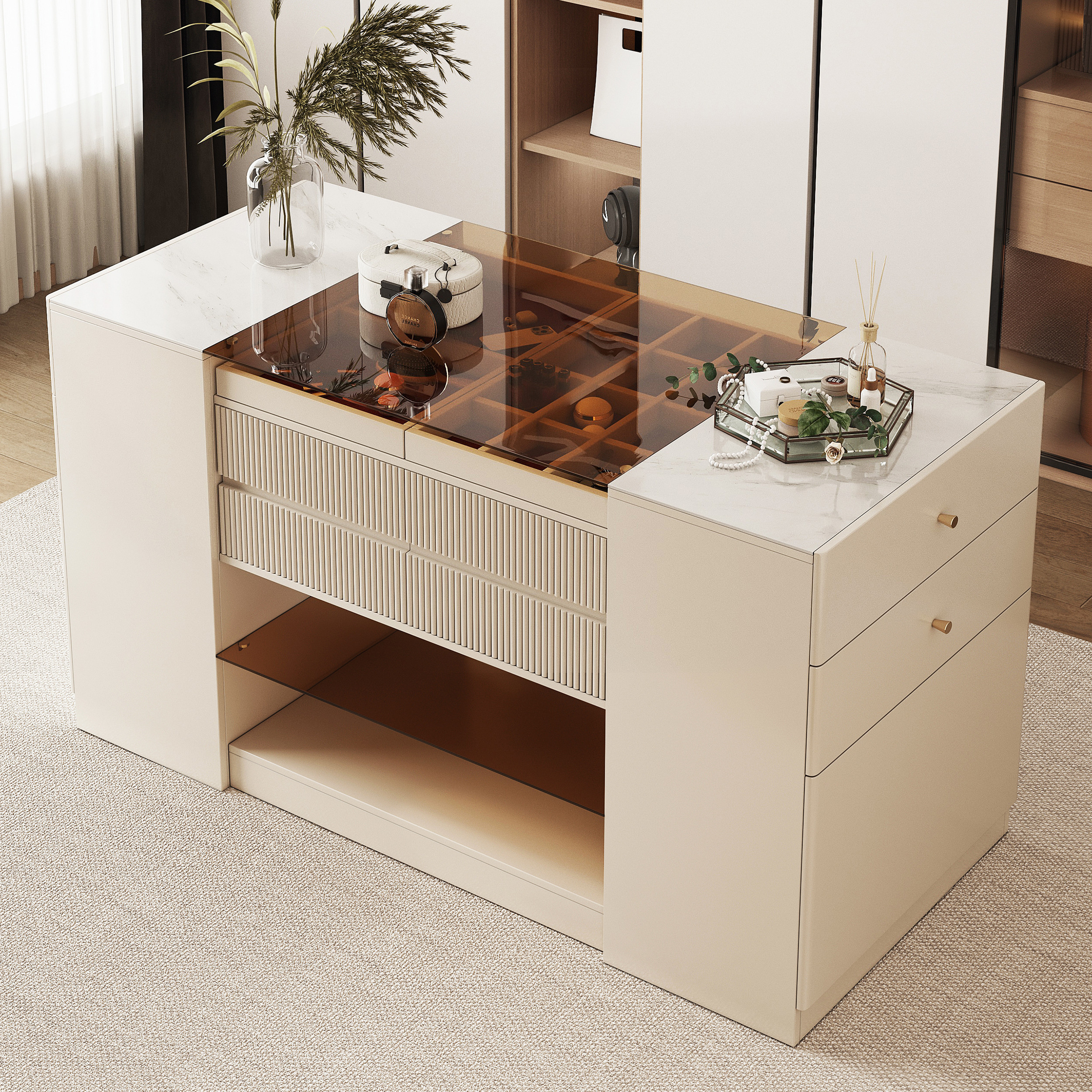 60""W Modern Off White Dresser with Doors & Drawers Walk in Closet Island Jewelry Storage | Homary