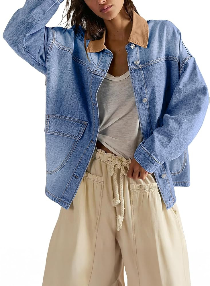 EVALESS Jean Jacket Women Trendy Color Block Denim Jacket Oversized Long Sleeve Button Down Barn ... | Amazon (US)