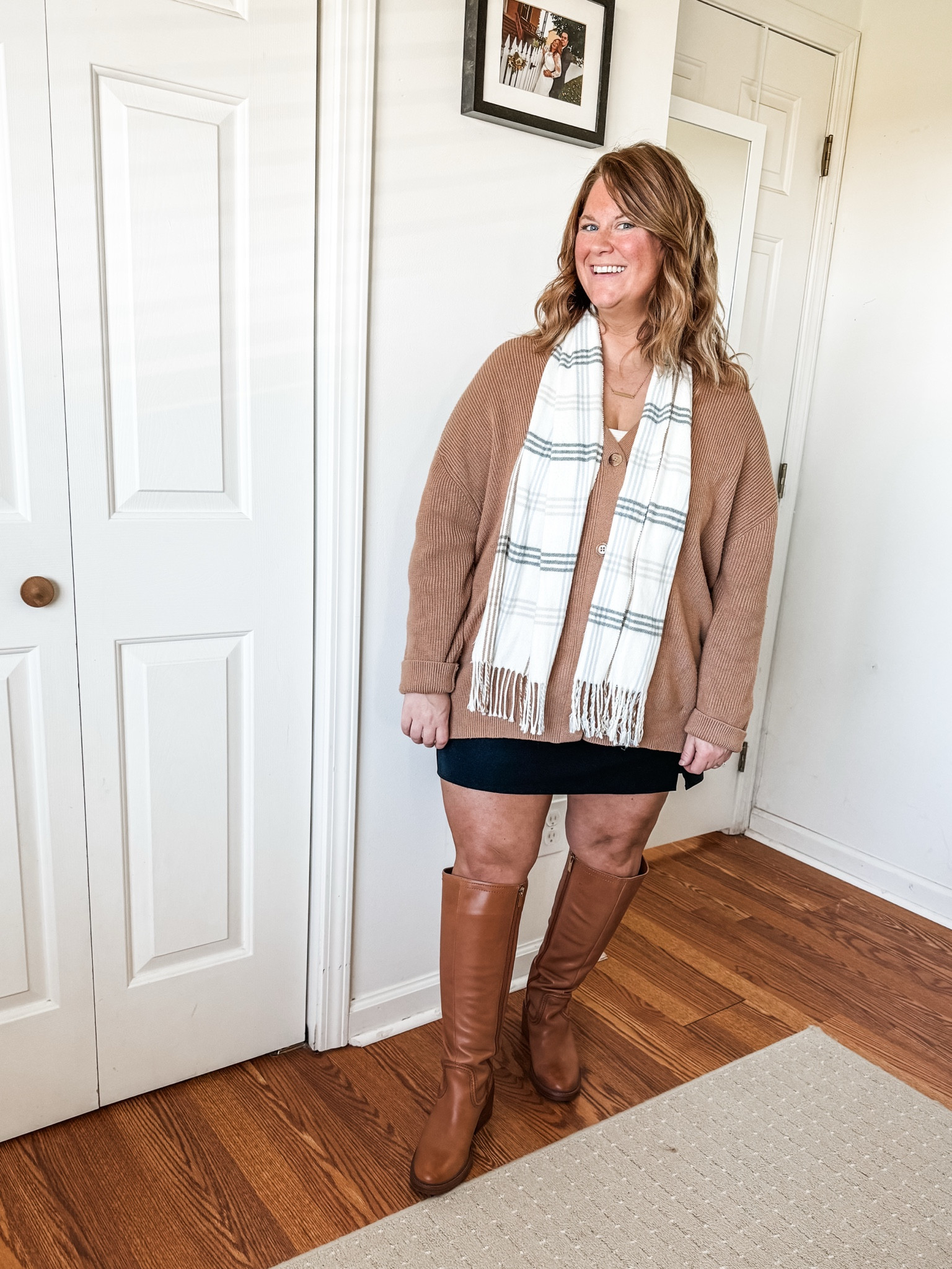 Fall outfit idea - mini skirt with an oversized sweater and tall boots 

My cardigan from Quince is a medium 

#LTKSeasonal #LTKMidsize #LTKStyleTip