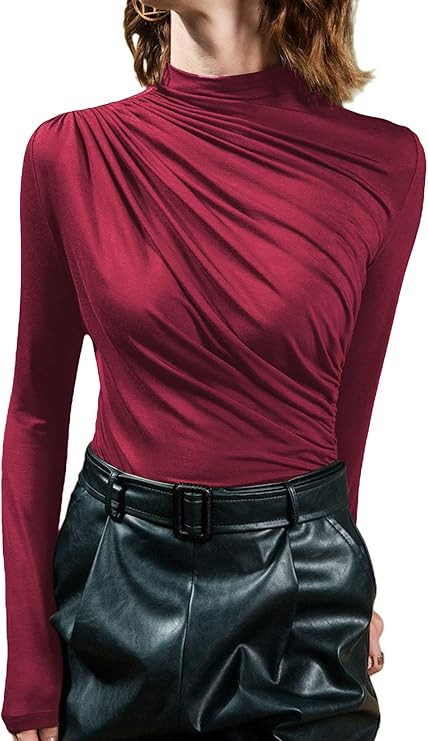 Avanova Women's Ruched Front Long Sleeve Elegant Blouse Top Mock Neck T Shirt | Amazon (US)