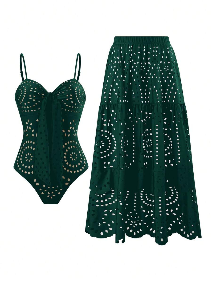 Swim Oasis V-Neck Caramel Brown Hollow Out One-Piece Swimsuit For Women | SHEIN