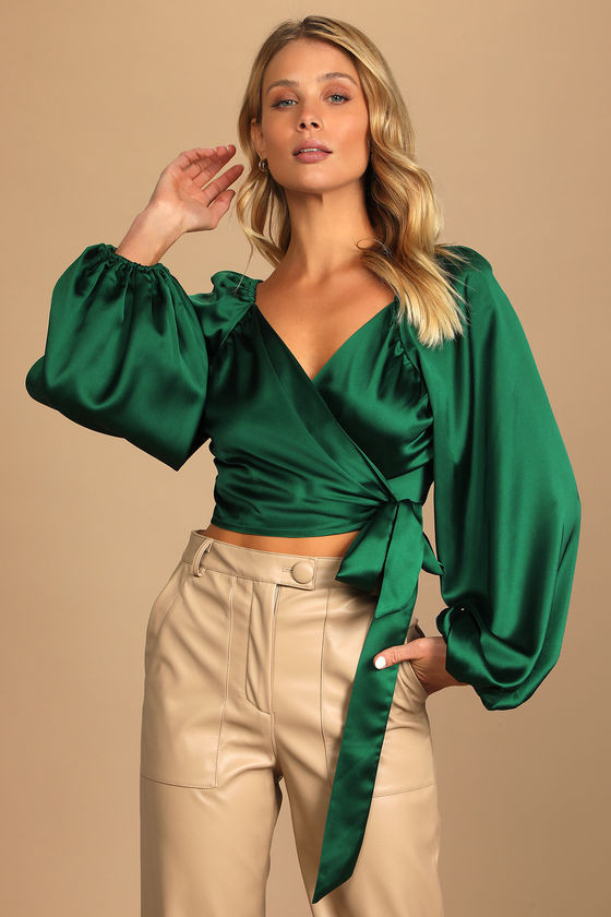 Wrap Party Hunter Green Satin Wrap Crop Top | Festive Outfit | Green Sweater Red Sweater | Lulus (US)