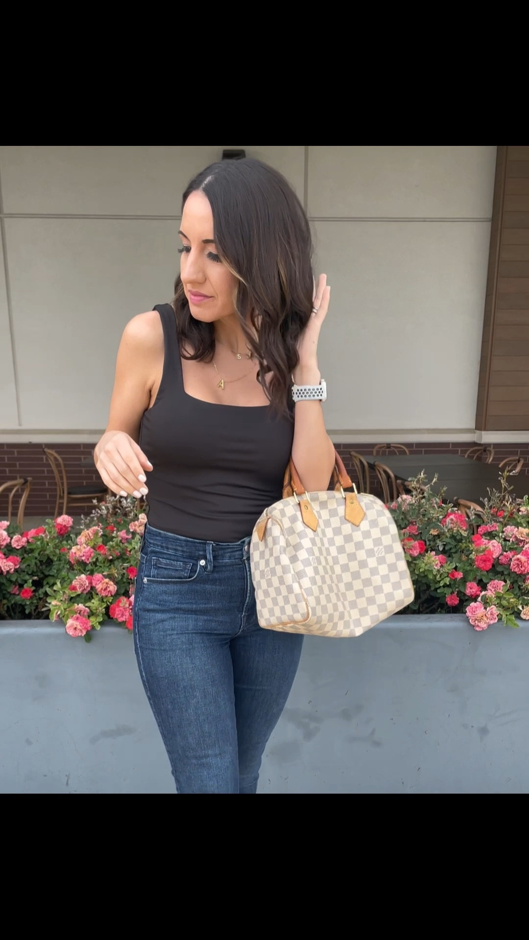 Cute casual outfit that’s easy to layer with. 
Black bodysuit, mid rise jeans, gold necklace, and neutral handbag. 
Petite style 
Petite outfit  

#LTKFindsUnder100 #LTKFindsUnder50 #LTKPetite