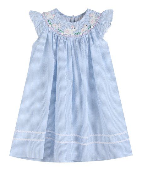 Light Blue Seersucker Easter Bunny Smocked Angel-Sleeve Dress - Infant, Toddler & Girls | Zulily