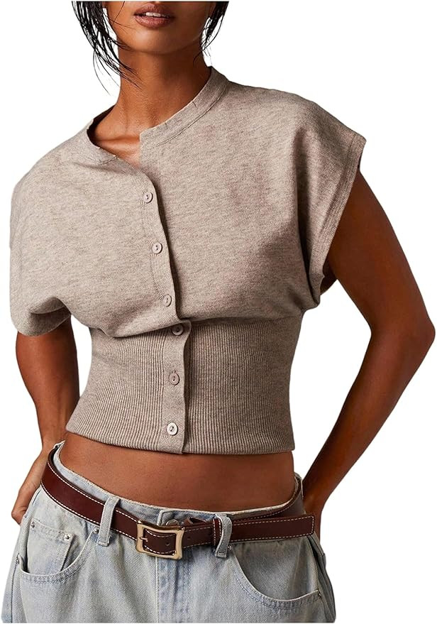 SHENHE Women's Cap Sleeve Sweater Vest Button Up Dressy Sleeveless Knit Crop Top Sweater | Amazon (US)