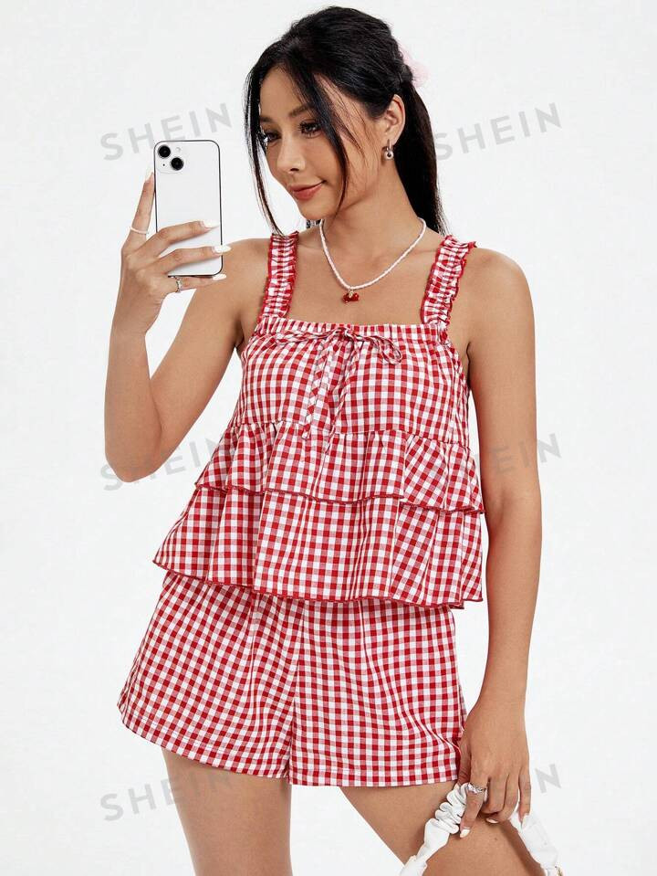 SHEIN MOD Women's Gingham Pattern Ruffle Hem Cami Top And Shorts Set | SHEIN
