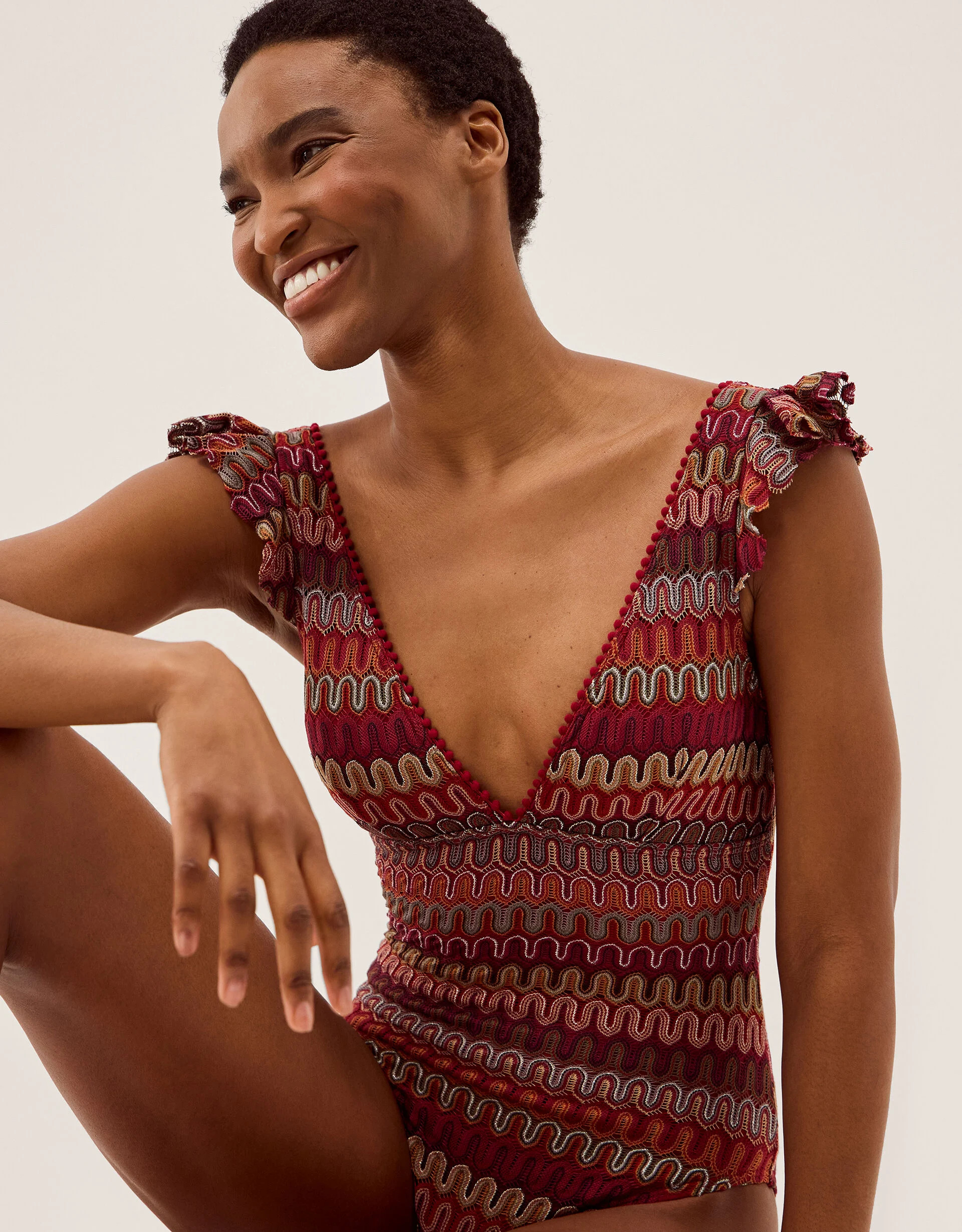 Zaria Plunge Knit Ruffle Swimsuit Red | Monsoon (UK)