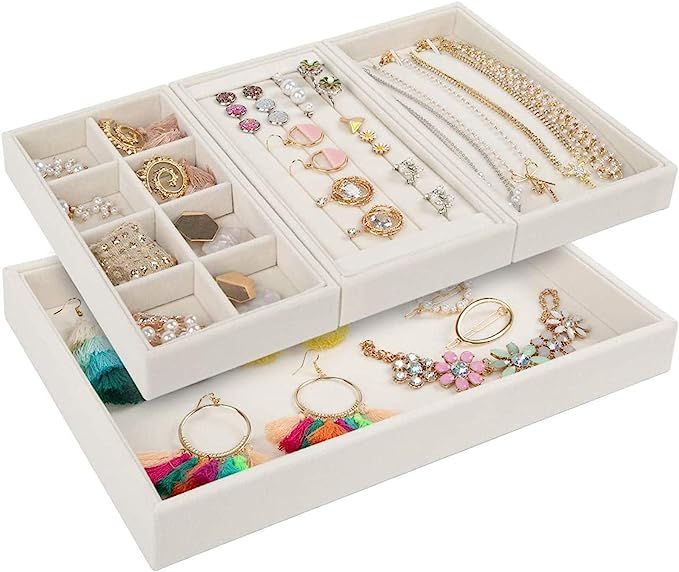 Mebbay Drawer Organizer 4 in One Stackable Velvet Jewelry Trays Organizer, Earring Necklace Brace... | Amazon (US)
