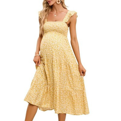 Womens Maternity Dress Summer Sleeveless Smocked Square Neck Ruffle Casual Boho Midi Dress Baby Shower PhotoshootYellow Floral 2XL | Target
