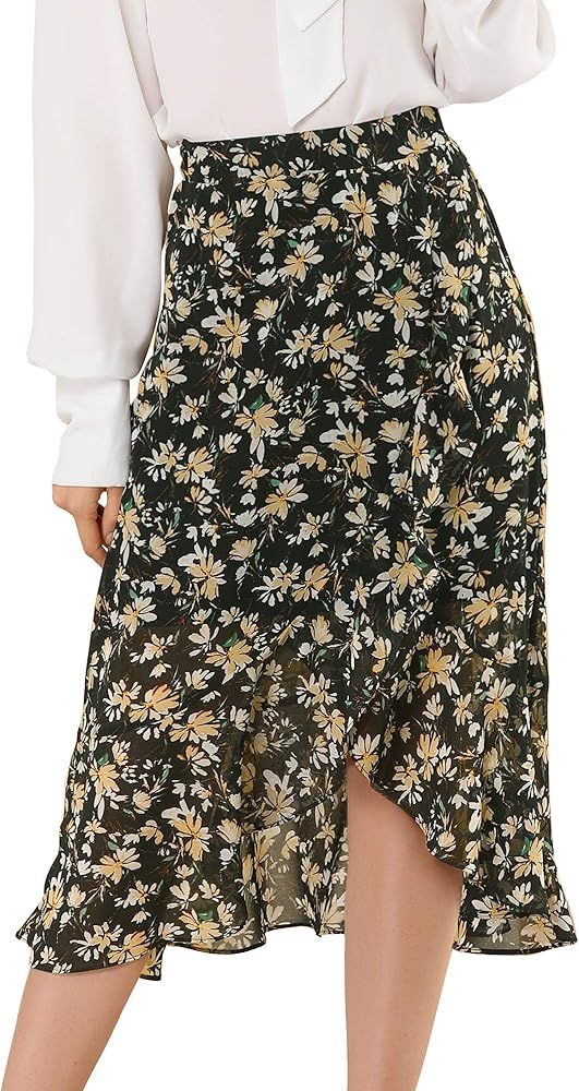 Allegra K Women's Floral Skirt Elastic Waist Chiffon Asymmetrical Hem Ruffle Skirts | Amazon (US)