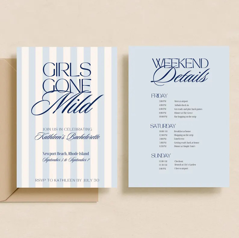 Girls Gone Mild Bachelorette Invitation & Itinerary: Old Money Coastal Stripes (5x7 Digital Downl... | Etsy (Global)